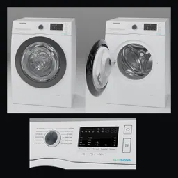 Detailed Blender 3D rendering of a white front-load washing machine with open and closed doors.