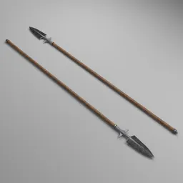 Highly-detailed 3D model of two medieval spears with intricate design, ideal for Blender rendering and historical scenes.