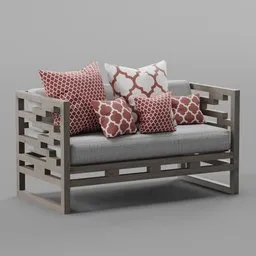 "Wooden outdoor sofa with maze-like frame and pillows on it, rendered in Lumion. This 3D model is perfect for outdoor scenes in Blender 3D. Inspired by Charles Ragland Bunnell and featuring a white and red color scheme."