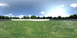 360-degree panoramic summer garden HDR with clear skies and fence for lighting 3D scenes.