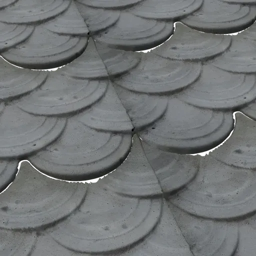 Detailed fish scale rooftop texture for 3D rendering in Blender, showcasing high-quality material and lighting effects.