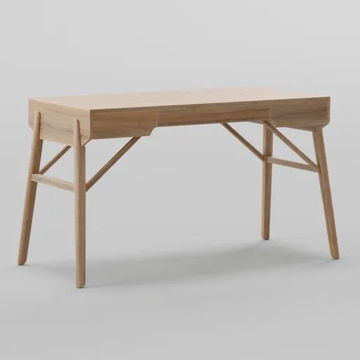 Modern 3D-rendered wooden desk with unique leg design, optimized for Blender, isolated on a plain background.