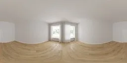 360-degree HDR panorama of an empty room with white walls and wooden floors for scene lighting.