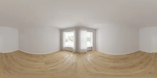 360-degree HDR panorama of an empty room with white walls and wooden floors for scene lighting.