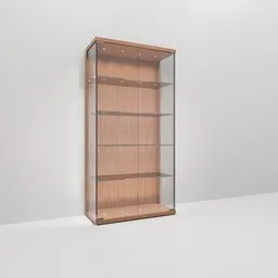 Detailed 3D Blender model of a kitchen crockery unit with transparent glass shelves on a plain backdrop.