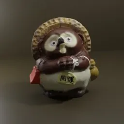 Detailed tanuki 3D model with traditional hat and bib, rendered in Blender, for digital sculpture enthusiasts.