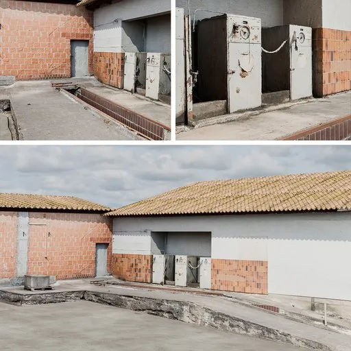 Detailed 3D model of an old urban gas station with repair pit, ideal for automotive Blender scenes.