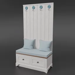 Detailed Blender 3D model of a white coat hanger with blue knobs, cushions, and drawers for interior design.