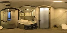 360-degree nighttime HDR panorama for realistic bathroom scene lighting, showcasing reflective surfaces and wet textures.