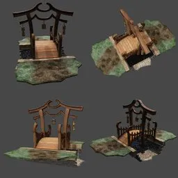 Detailed 3D model showcasing multiple angles of a rustic wooden bridge with terrain, optimized for Blender.
