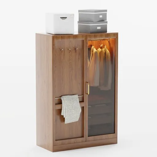 Detailed 3D wardrobe model designed in Blender, featuring mahogany texture and simple clothing items.