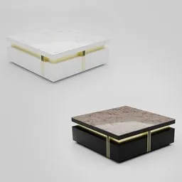 "Modern square coffee table with marble top and gold trims, designed by Oton Iveković in 2019. This Blender 3D model features unique design, plush leather pads, and two storage boxes. Enhance your Blender 3D project with this well-rendered, 3D animated furniture piece available in white and black color palette options."