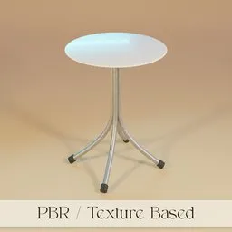 "Simple white wooden and metal table, perfect for bistrots, coffee shops, events and bars. PBR textured with adjustable wooden texture contrast in Blender 3D. Solid body design with tall, thin metal legs and a white wooden tabletop."