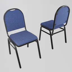 Detailed 3D model of blue upholstered auditorium chairs with metal legs for Blender rendering.
