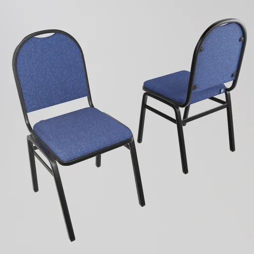 Detailed 3D model of blue upholstered auditorium chairs with metal legs for Blender rendering.
