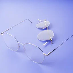 Detailed 3D rendering of elegant gold-framed glasses with realistic shadows on a blue surface, compatible with Blender.