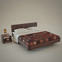 Realistic 3D model showcasing oak-textured bed frame with patterned quilt and matching bedside tables for Blender render.