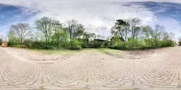 360° HDR panorama of a sunny day with a brick road, trees, clouds, and a parked construction vehicle, ideal for scene lighting.