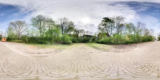 360° HDR panorama of a sunny day with a brick road, trees, clouds, and a parked construction vehicle, ideal for scene lighting.