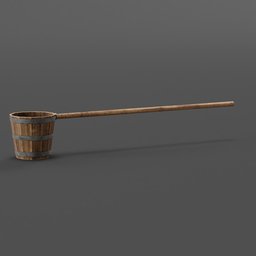 Detailed 3D model of a wooden bucket with long handle, perfect for rendering historical brewery scenes in Blender.