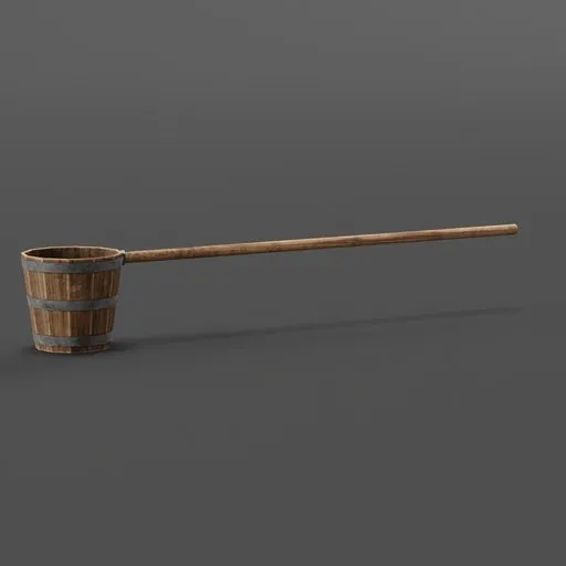 Detailed 3D model of a wooden bucket with long handle, perfect for rendering historical brewery scenes in Blender.