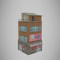Detailed Blender 3D model of a multi-story building with storefront and neon signage, ready for lighting effects.