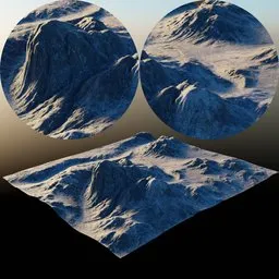 "Mountain terrain 3D model for Blender 3D - A detailed and photorealistic depiction of a mountain landscape with three different views. Perfect for concept art and ideal for VFX projects, featuring atmospheric effects and realistic lighting. Explore this AI-generated image showcasing scattered islands, floodplains, and subsurface scatter techniques."