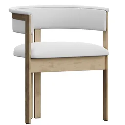 "ELLIOTT Chair, a sleek and elegant white chair with a wooden frame designed by KELLY WEARSTLER. The chair features a gold body and detached sleeves, with plush furnishings and a long, sleek tail behind. Perfect for any modern interior design. Created in Blender 3D."
