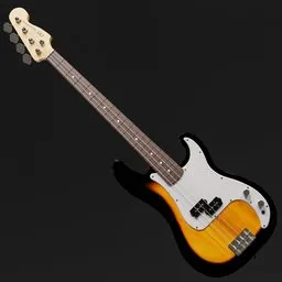 Highly detailed Blender 3D model of a sunburst bass guitar with accurate contours and strings.