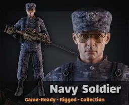 Detailed 3D American NAVY sailor with rifle for Blender, game-ready and fully rigged for animation.