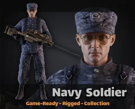 Detailed 3D American NAVY sailor with rifle for Blender, game-ready and fully rigged for animation.