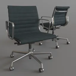 Detailed grey fabric Vitra Eames-style 3D office chair with chrome frame and black details, designed for Blender rendering.
