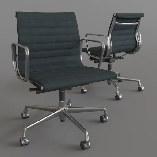 Detailed grey fabric Vitra Eames-style 3D office chair with chrome frame and black details, designed for Blender rendering.