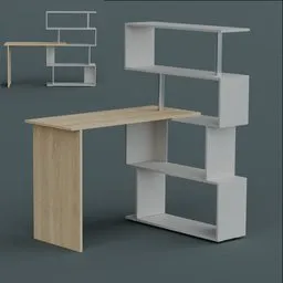 L-shaped modern 3D computer desk model with rotating shelves for Blender rendering, featuring a reversible wood and white finish.