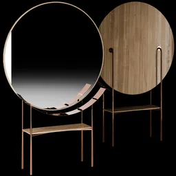 Elegant 3D rendered wooden dressing table with round mirror and metal legs for Blender visualization.