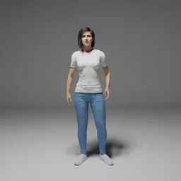 "Rigged 3D model of a young woman in casual clothes standing in a relaxed pose for Blender 3D. Inspired by Helen Thomas Dranga, this model features face accuracy and is perfect for your personal data avatar. Please note that there is a small issue with the hands when lifted."