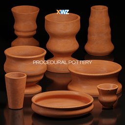 Variety of 3D rendered pottery vases and bowls using Blender geometry and shader nodes.