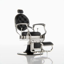 "Vintage style barber chair in black and chrome with back cushions and rounded seat 3D model for Blender 3D. Detailed and realistic model suitable for furniture and interior design projects. Rendered in Vray and suitable for use in medium length slick white hair, cinema simulations, life simulator games and product displays."