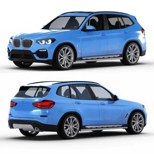Detailed BMW X3 3D model with procedural shaders, rigged for animation in Blender.