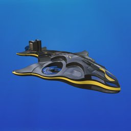 Detailed Blender 3D model of a futuristic submarine with sleek design and gold trim on blue.