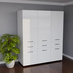 Modern 3D-rendered model of a sleek white wardrobe, featuring drawers and doors, ideal for interior design in Blender.