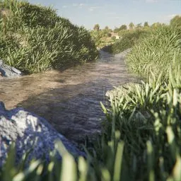 Detailed 3D-rendered outdoor stream surrounded by lush greenery and rocks, simulating natural light.