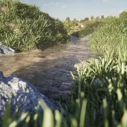 Small stream with grassy hills on the bank