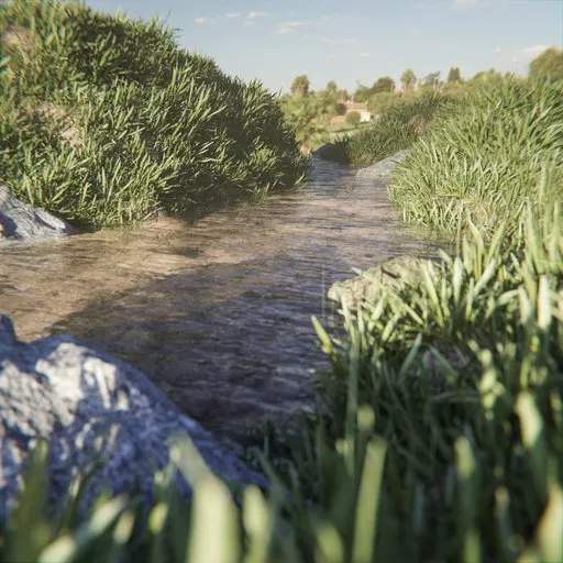 Detailed 3D-rendered outdoor stream surrounded by lush greenery and rocks, simulating natural light.
