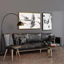 "Photorealistic 3D sofa and table set in a dark moody monochrome room. Modeled with highly detailed textures and inspired by Carl Frederik von Breda, this Blender 3D model features a dark brown duster, floor lamps, and polygonal wooden walls. Trending on ArtStation, this curated collection showcases a breathtaking and realistic render, complete with a moody gold planet."