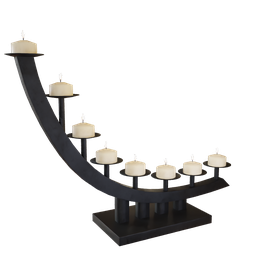 "Curved table chandelier with metal candle holder for 7 candles in black design. Inspired by Doug Ohlson and Robert Goodnough, this 3D model features simplified realism and religious sculpture influences. Perfect for use in Blender 3D software for creating stunning tabletop lighting."