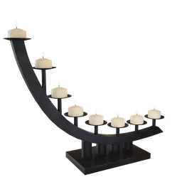 "Curved table chandelier with metal candle holder for 7 candles in black design. Inspired by Doug Ohlson and Robert Goodnough, this 3D model features simplified realism and religious sculpture influences. Perfect for use in Blender 3D software for creating stunning tabletop lighting."