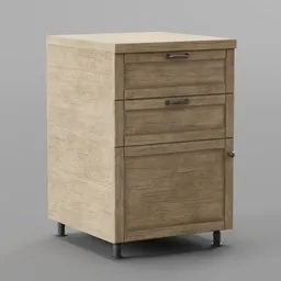 Detailed Blender 3D model showcasing a wooden kitchen storage unit with drawers and metal handles.
