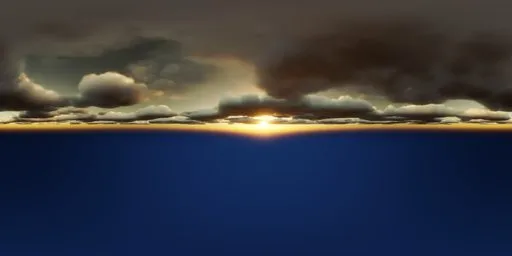 4K HDRi of a moody sunset over water with golden light piercing dark clouds, ideal for atmospheric 3D lighting.