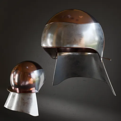 Detailed 3D helmet model inspired by ancient military designs with high-quality metallic textures, ready for Blender use.